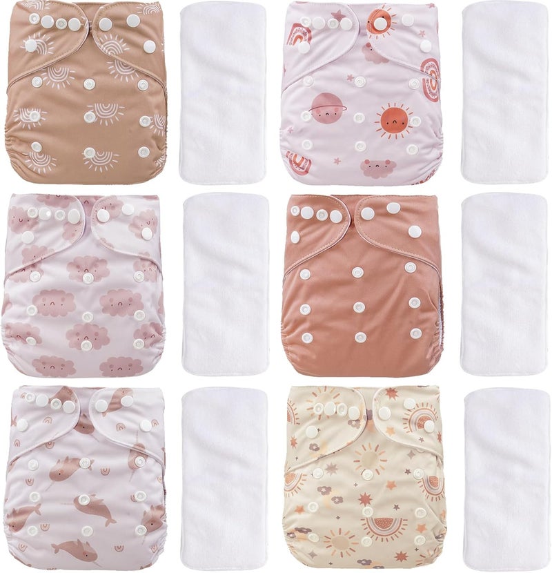 CoolaPeach 12 Set Reusable Adjustable Cloth Diapers for Newborn to 0-3 Years,One Size Washable Pocket Nappy Covers for Baby Girl and Boy,6 Pack Cloth Diapers+6pcs Microfiber Inserts(Pink) - Image 1